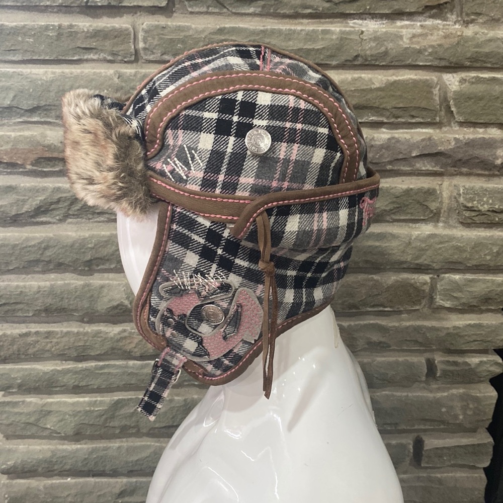 True Religion Trapper Hat, Pink & Gray Plaid, L/XL